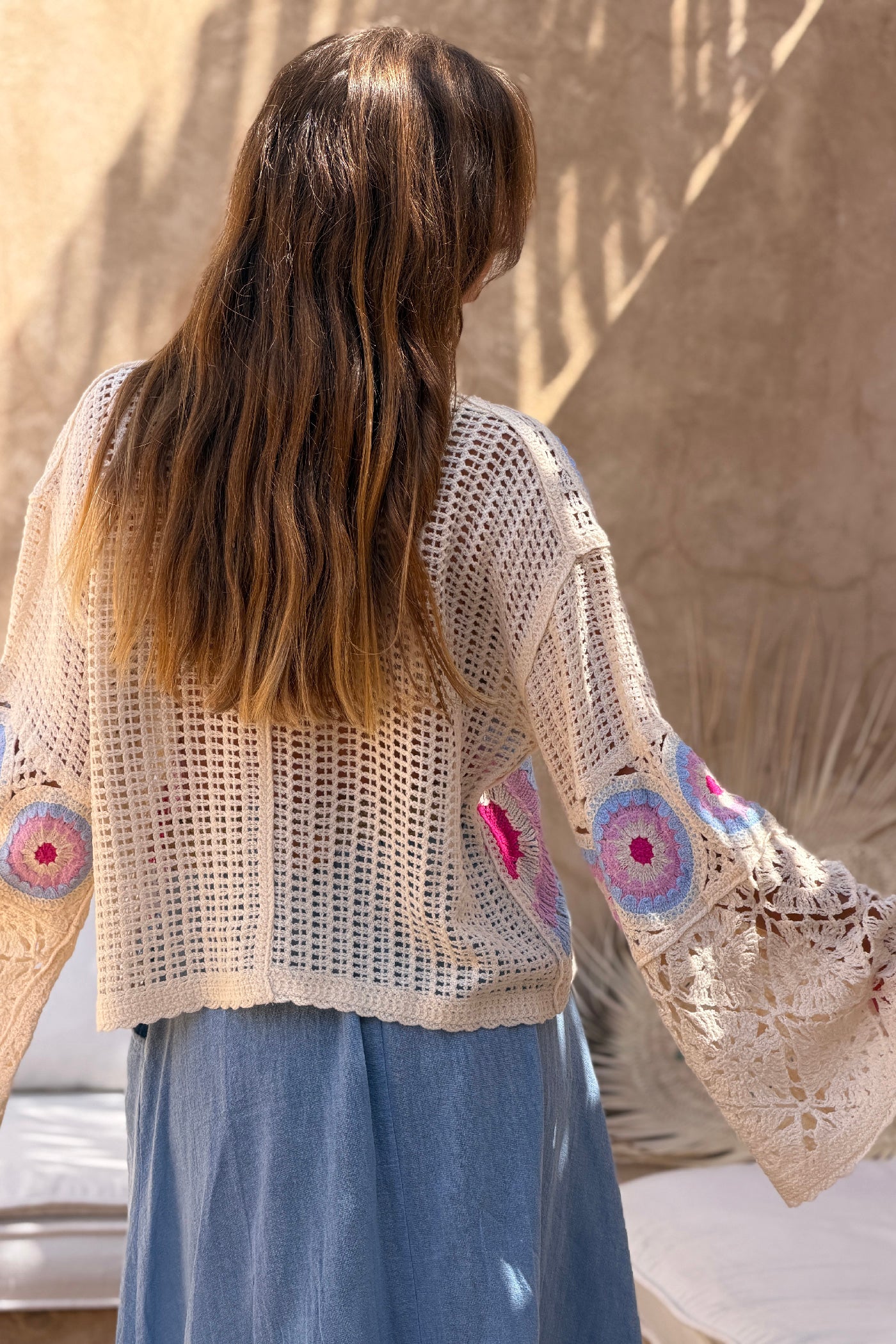 Cream and Fuchsia Cool Crochet Bell-Sleeve Blouse