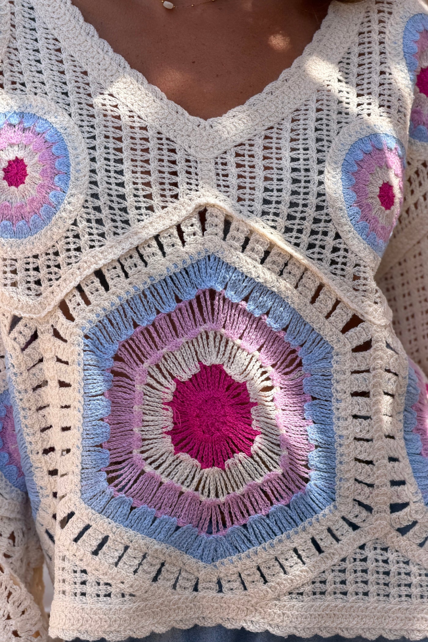 Cream and Fuchsia Cool Crochet Bell-Sleeve Blouse