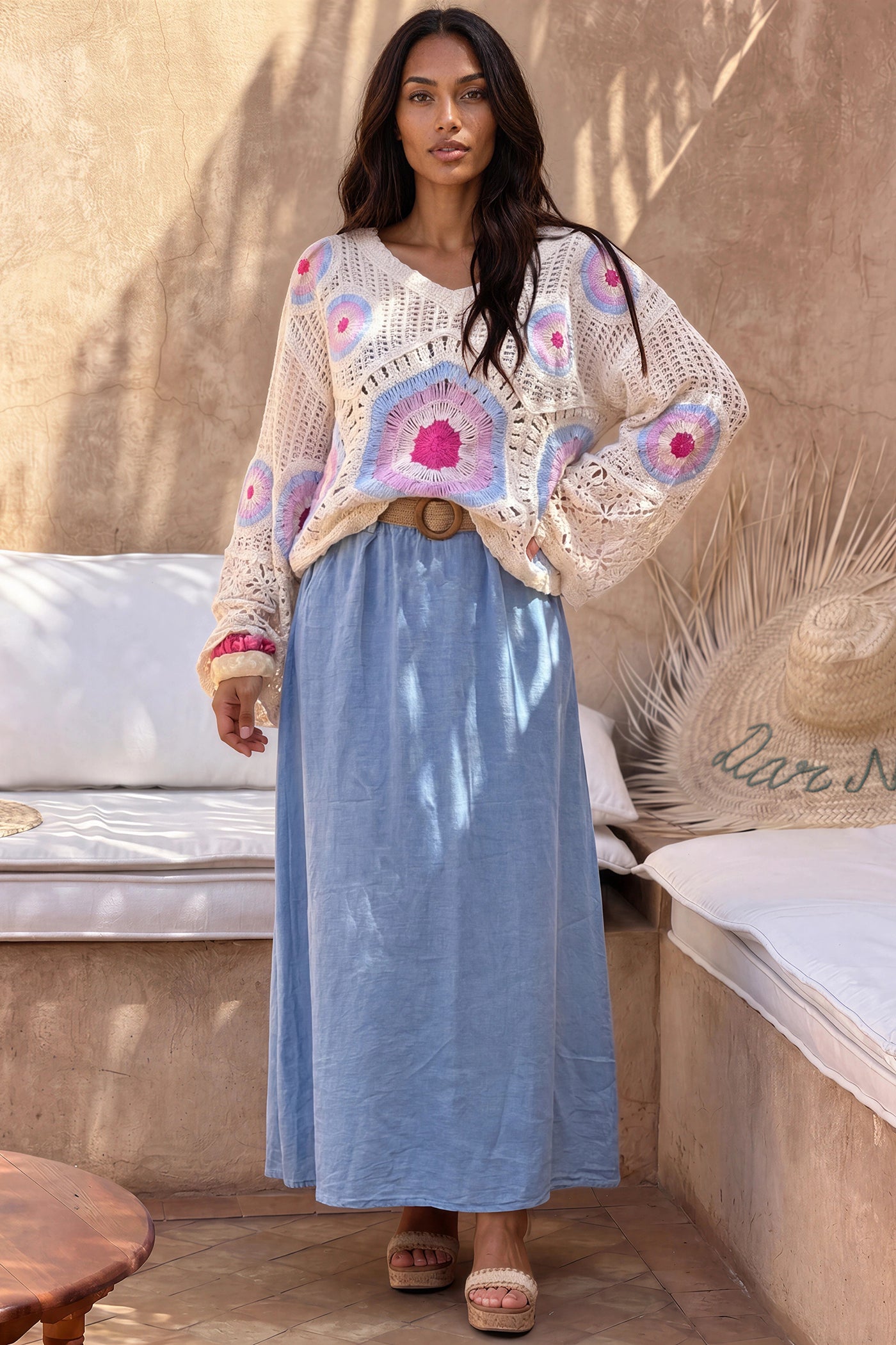 Cream and Fuchsia Cool Crochet Bell-Sleeve Blouse