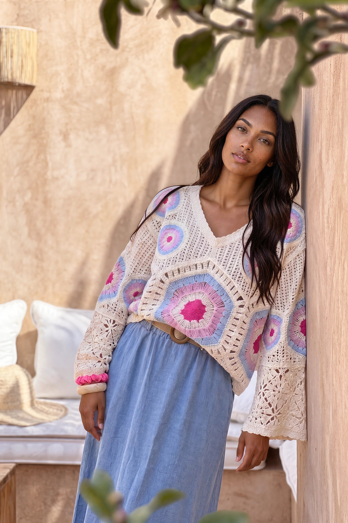 Cream and Fuchsia Cool Crochet Bell-Sleeve Blouse