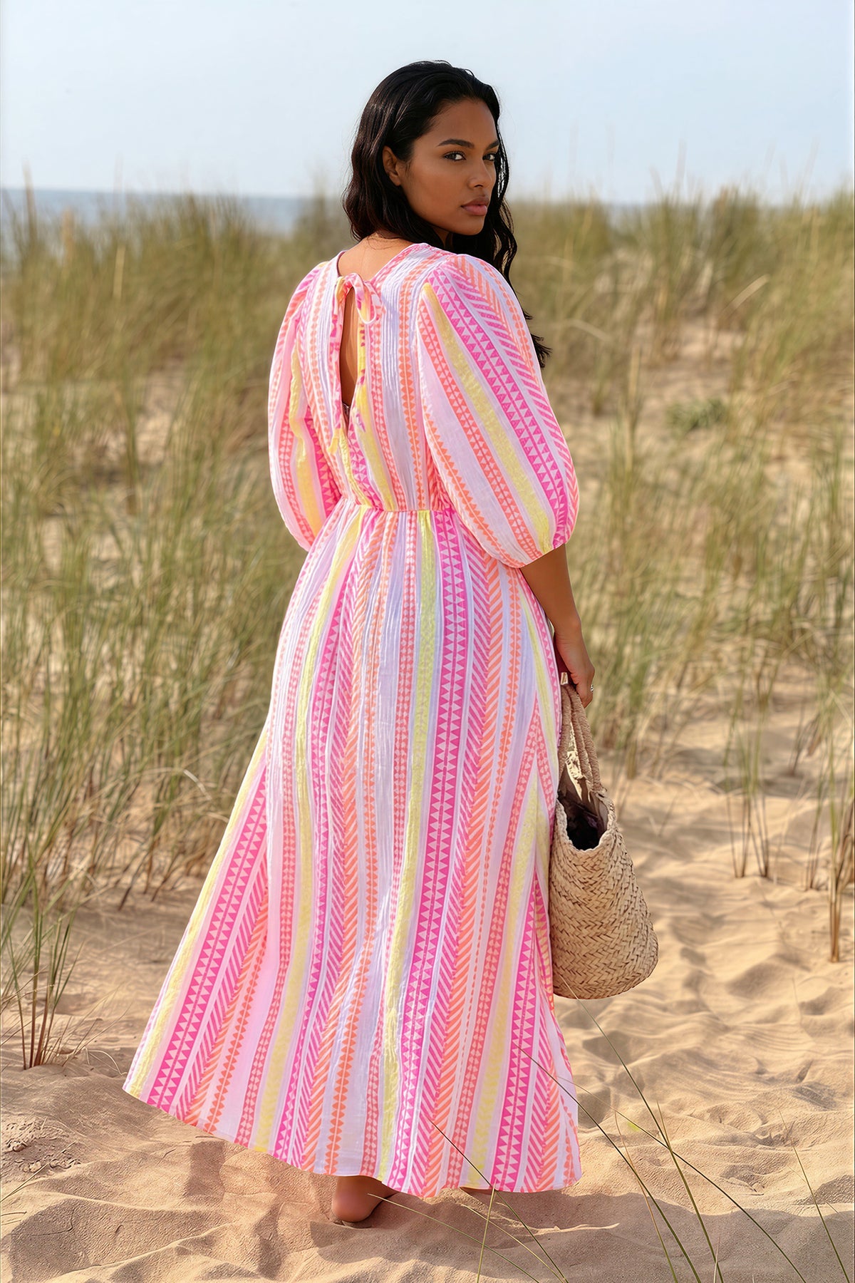 Women's Hot Pink Gauze Neon Stripe Summer Dress