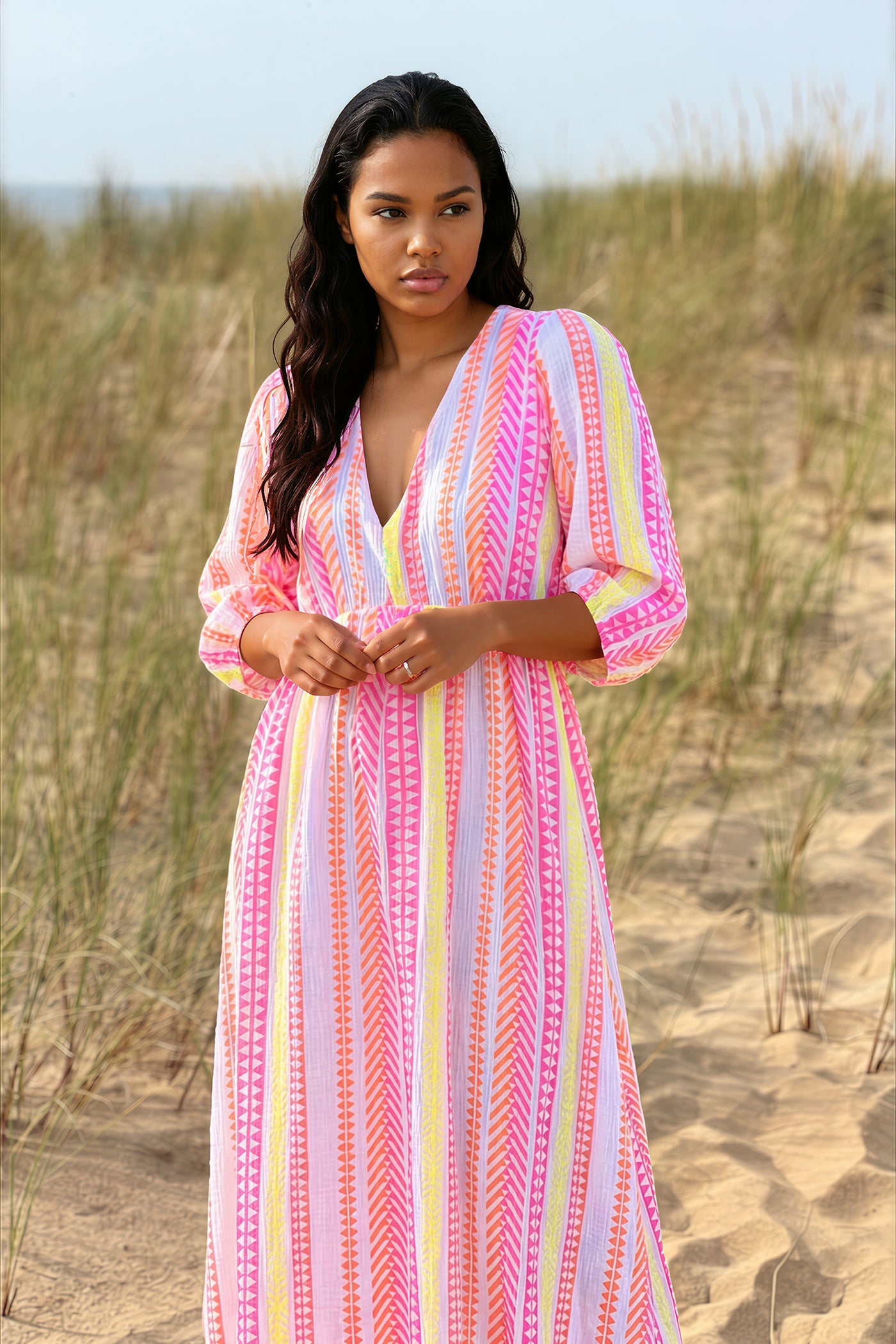 Hot Pink Gauze Neon Stripe Summer Dress