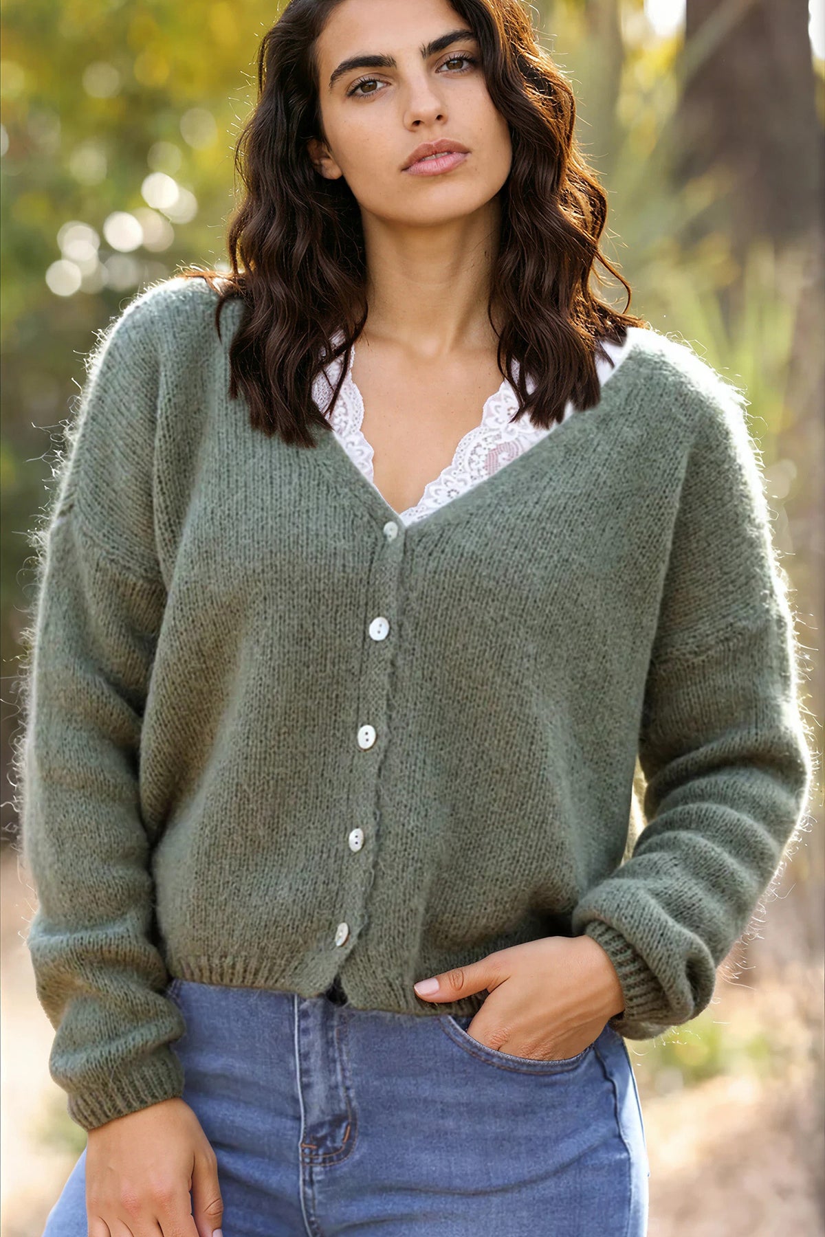 Khaki mother of pearl button through v-neck cardigan