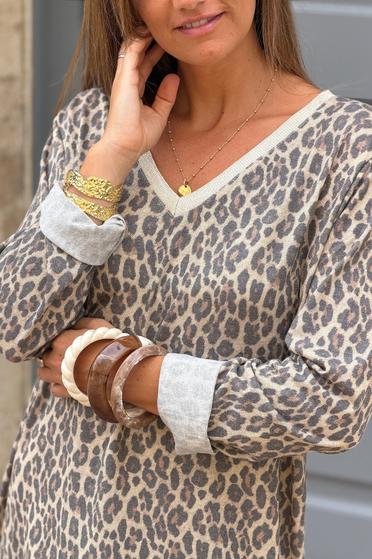 Leopard Print V-Neck Knit Maxi Dress