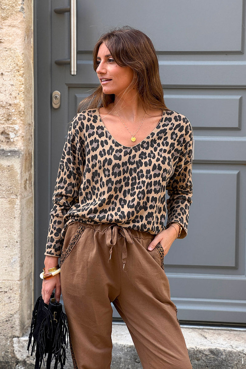 Leopard Print V-Neck Long-Sleeve Tee