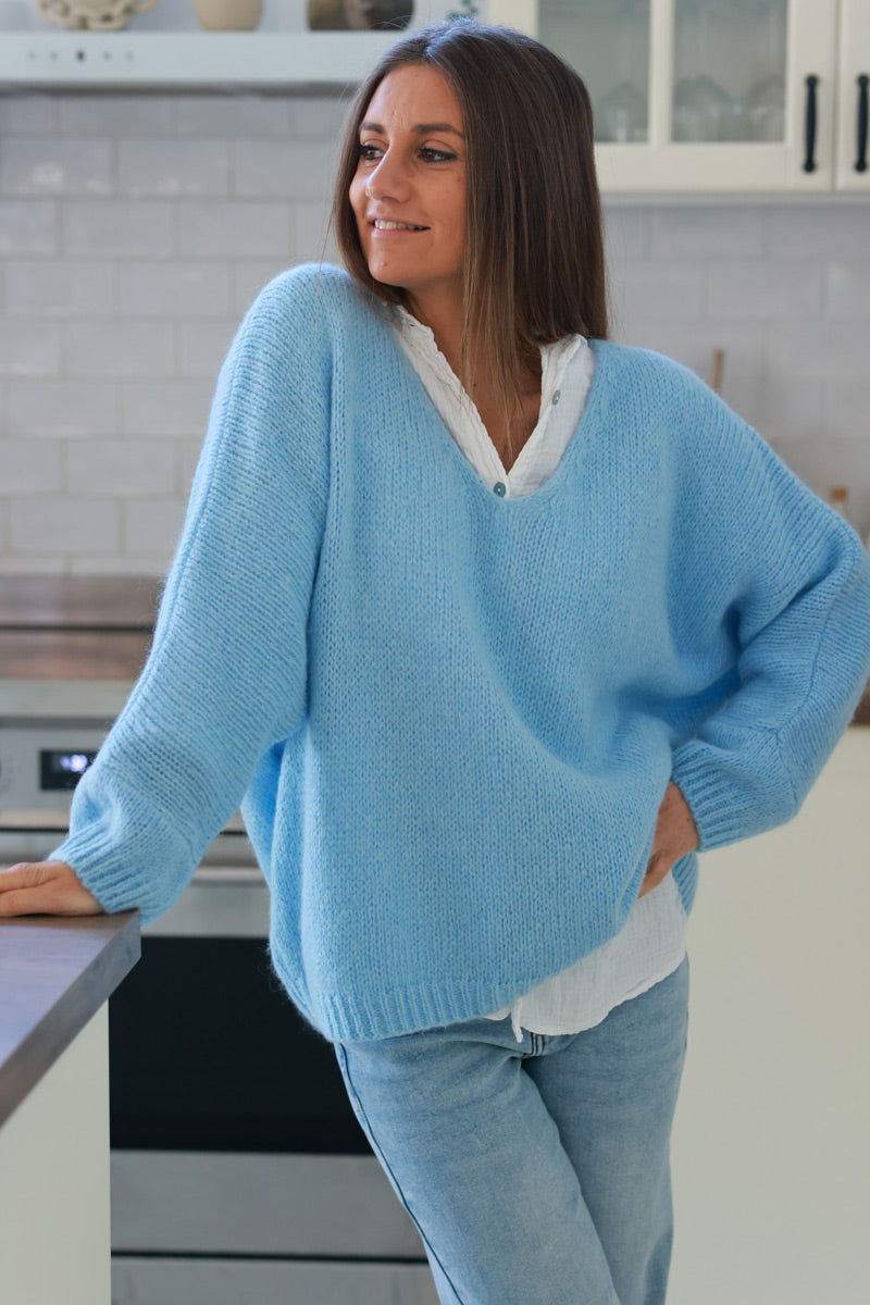 Light Blue Woollen V-neck Sweater with Batwing sleeves