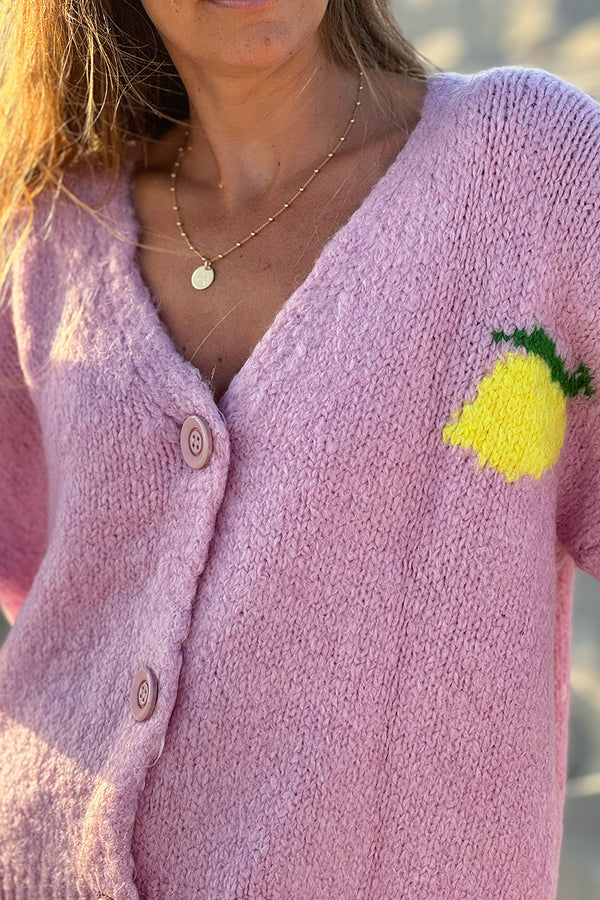 Light Pink Chunky Knit Cardigan with Lemon 'Limoncello' back pattern