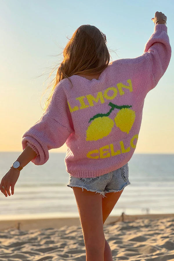 Light Pink Chunky Knit Cardigan with Lemon 'Limoncello' back pattern