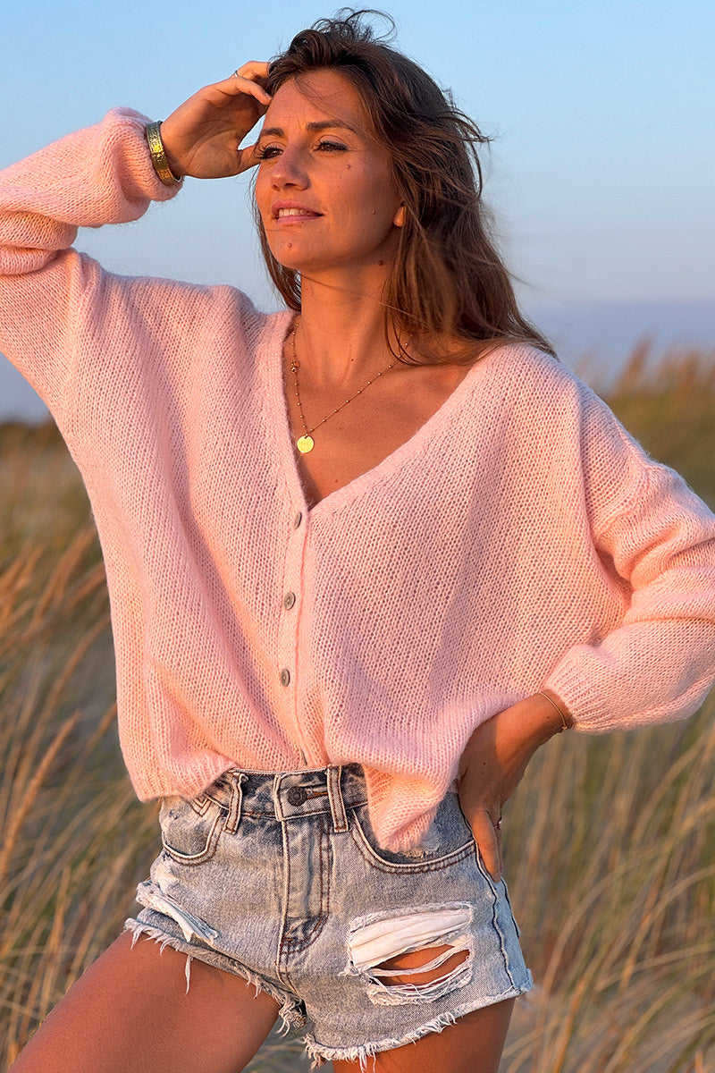 Light Pink Mother of Pearl Button through V-Neck Cardigan