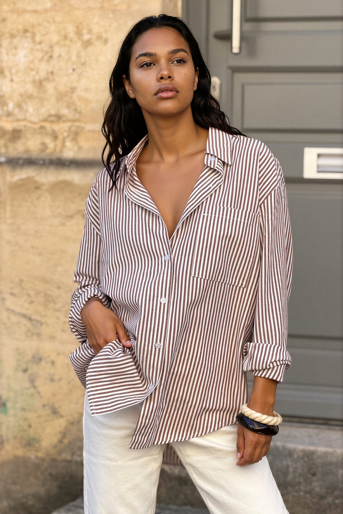 Mocha Brown Pinstripe Button-Down Blouse