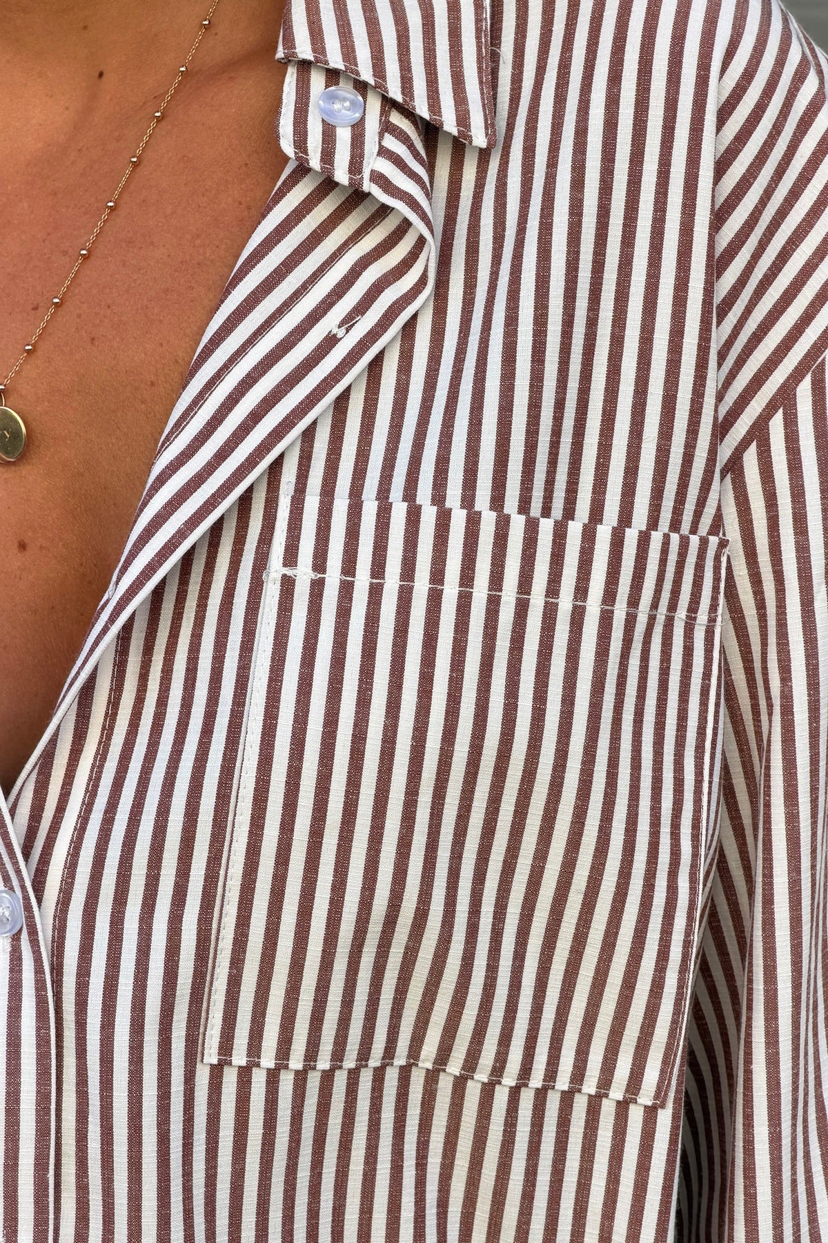 Mocha Brown Pinstripe Button-Down Blouse