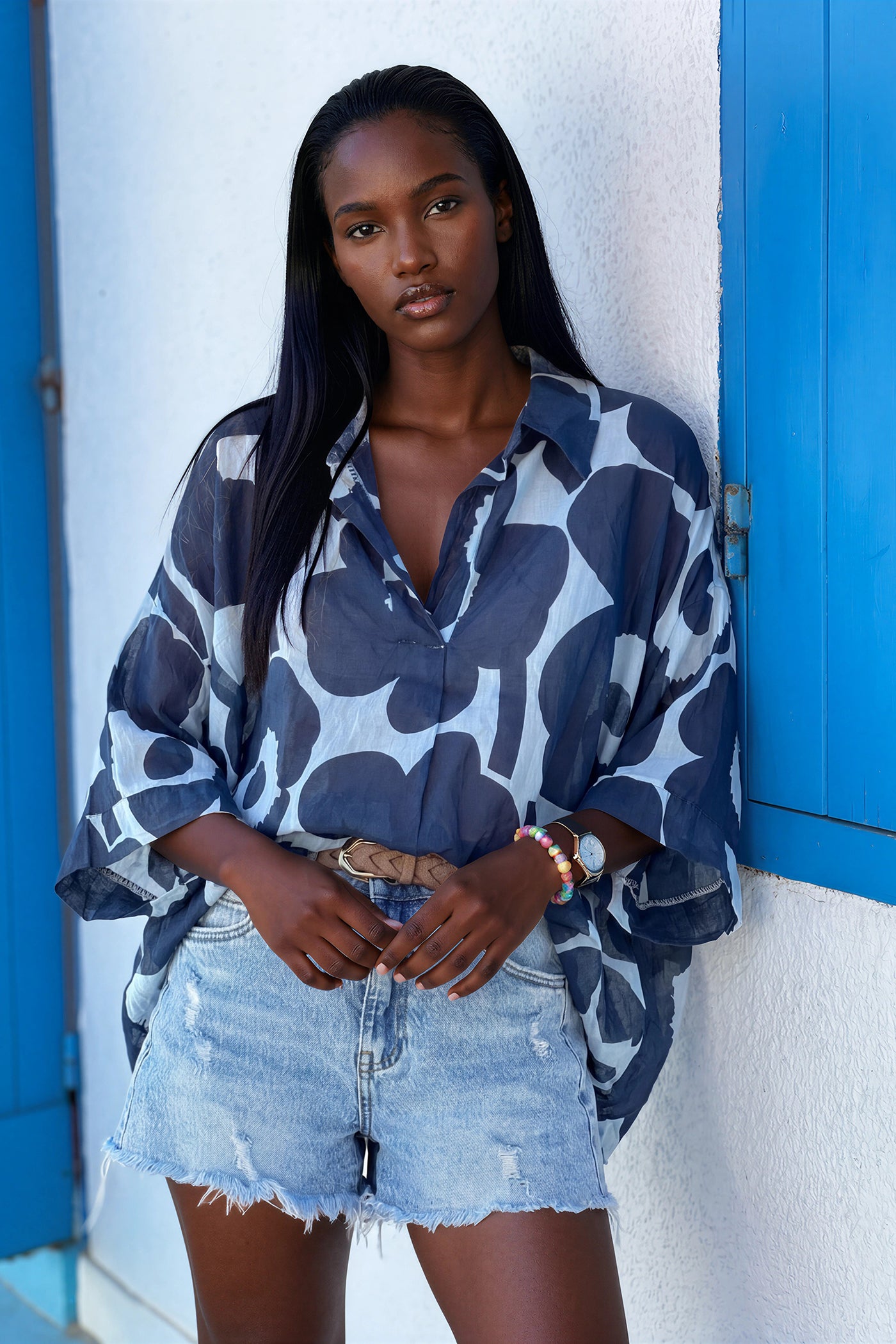 Navy Floral Sleeveless Cropped Blouse