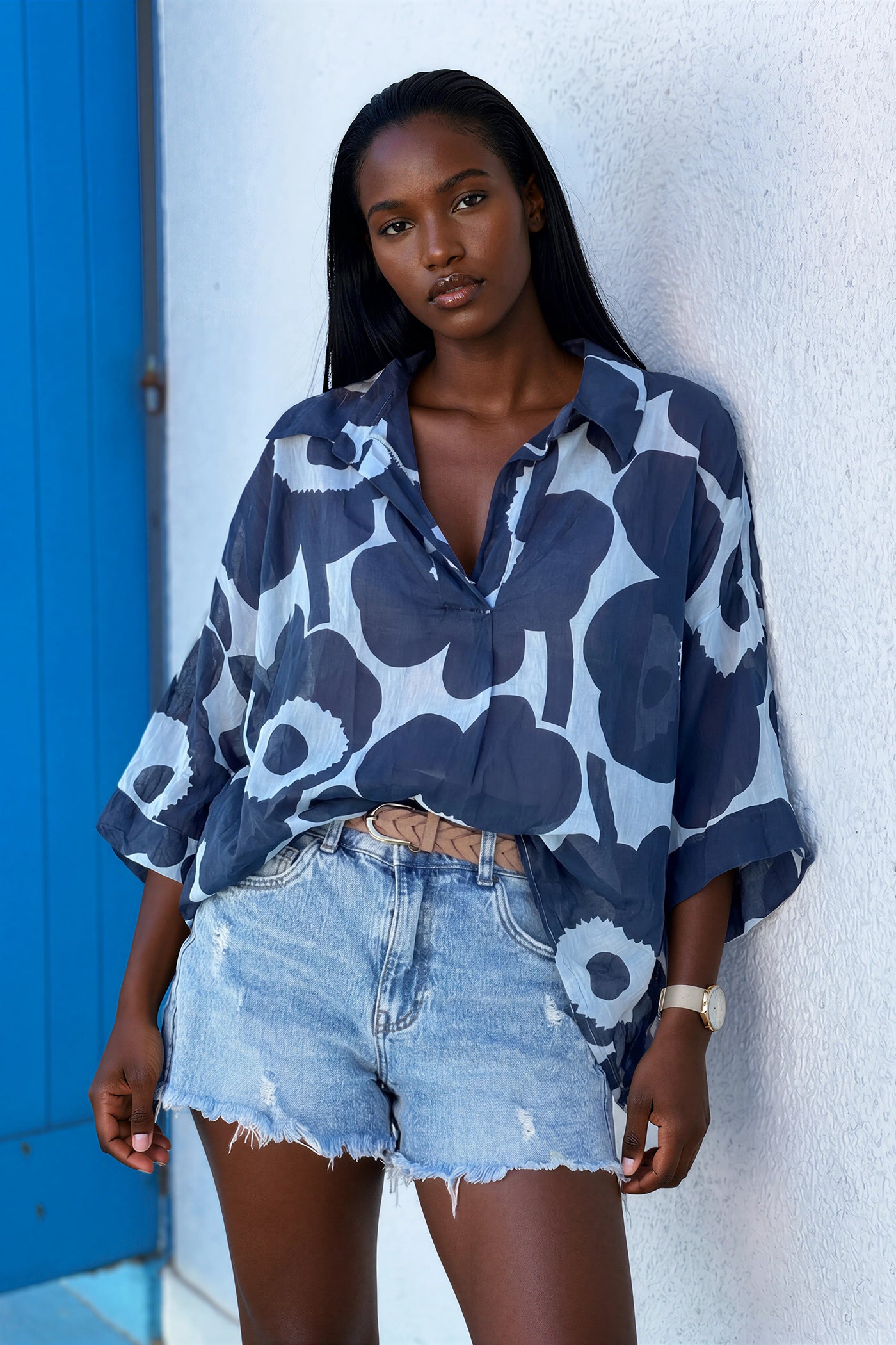Navy Floral Sleeveless Cropped Blouse