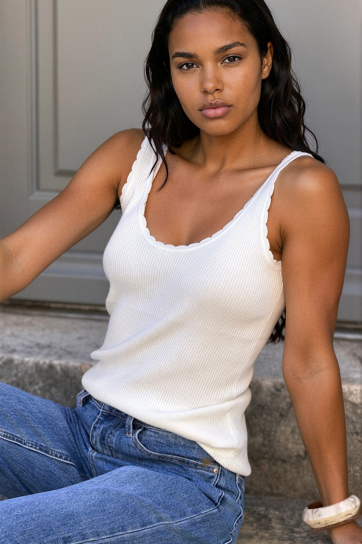 Off white Scalloped Viscose Knit Tank Top