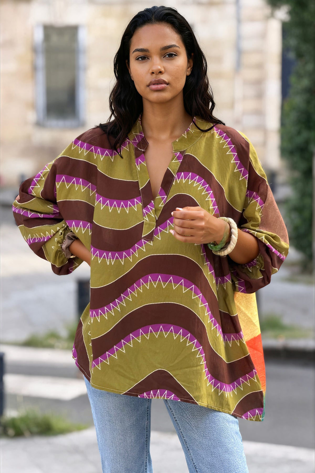 Olive Burning Heart Striped Viscose Blouse
