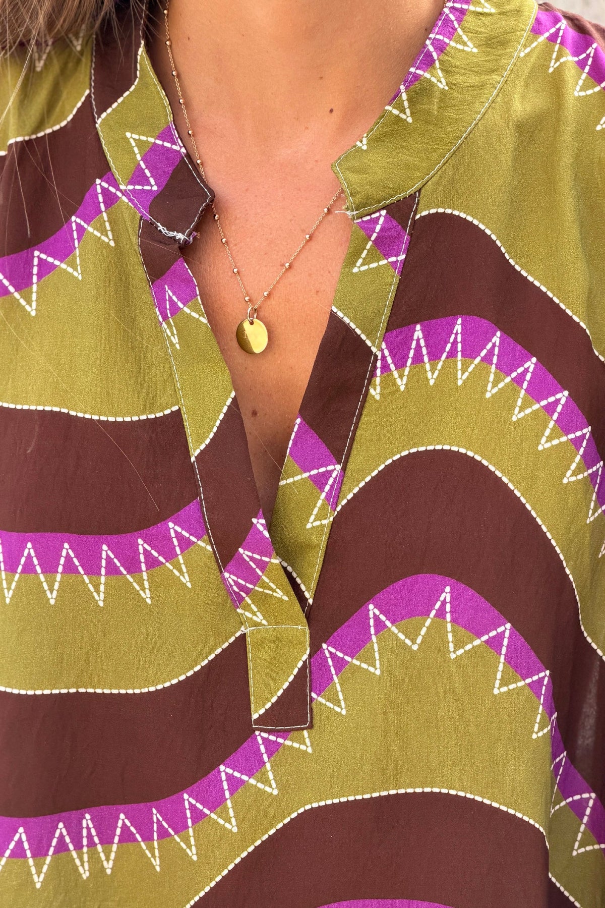 Olive Burning Heart Striped Viscose Blouse