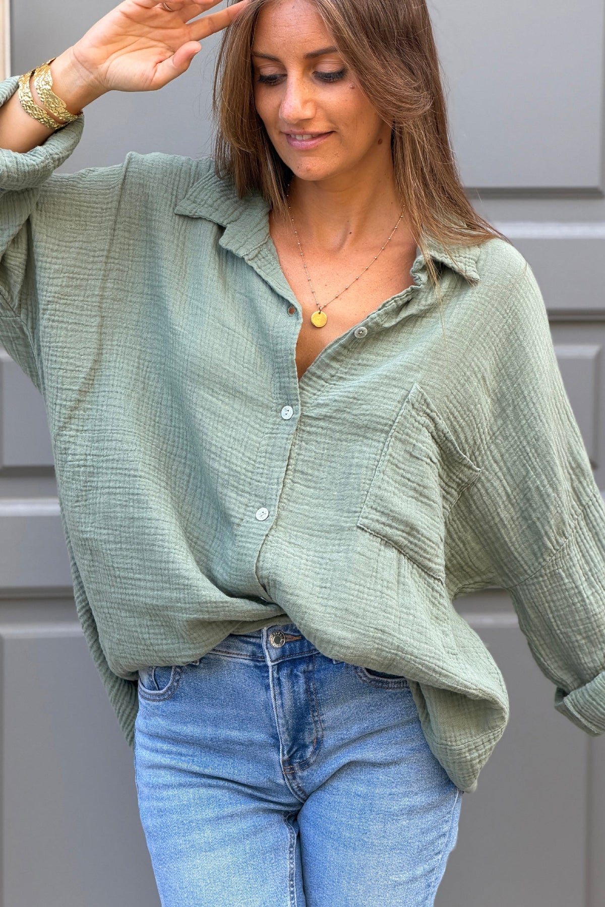 Olive Crinkle Gauze Button-Down Beach Shirt