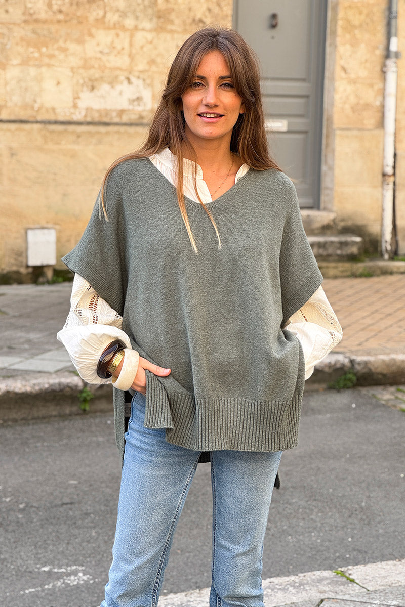 Olive Slouchy Knit Poncho Vest