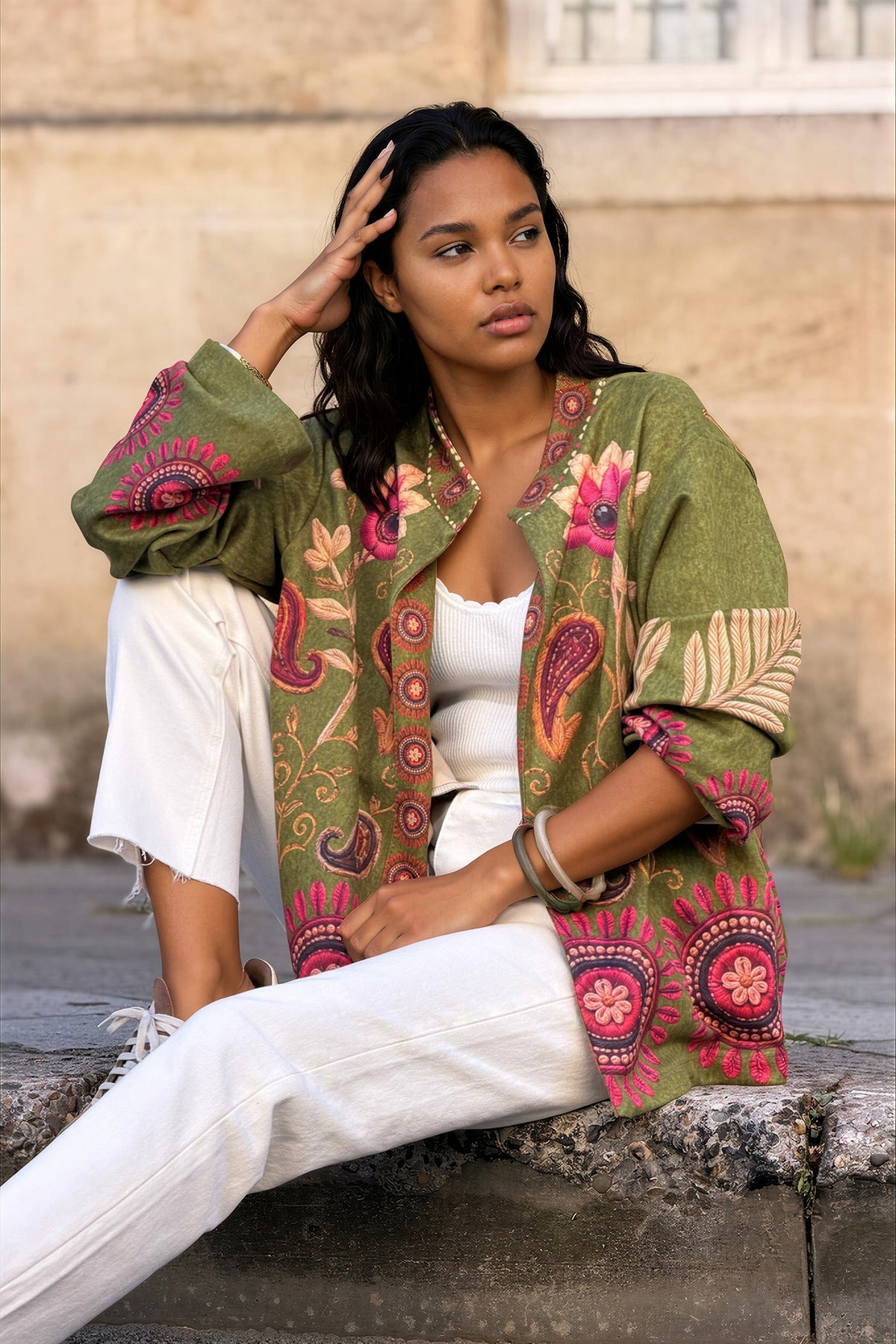Olive Suedette Boho Print Jacket