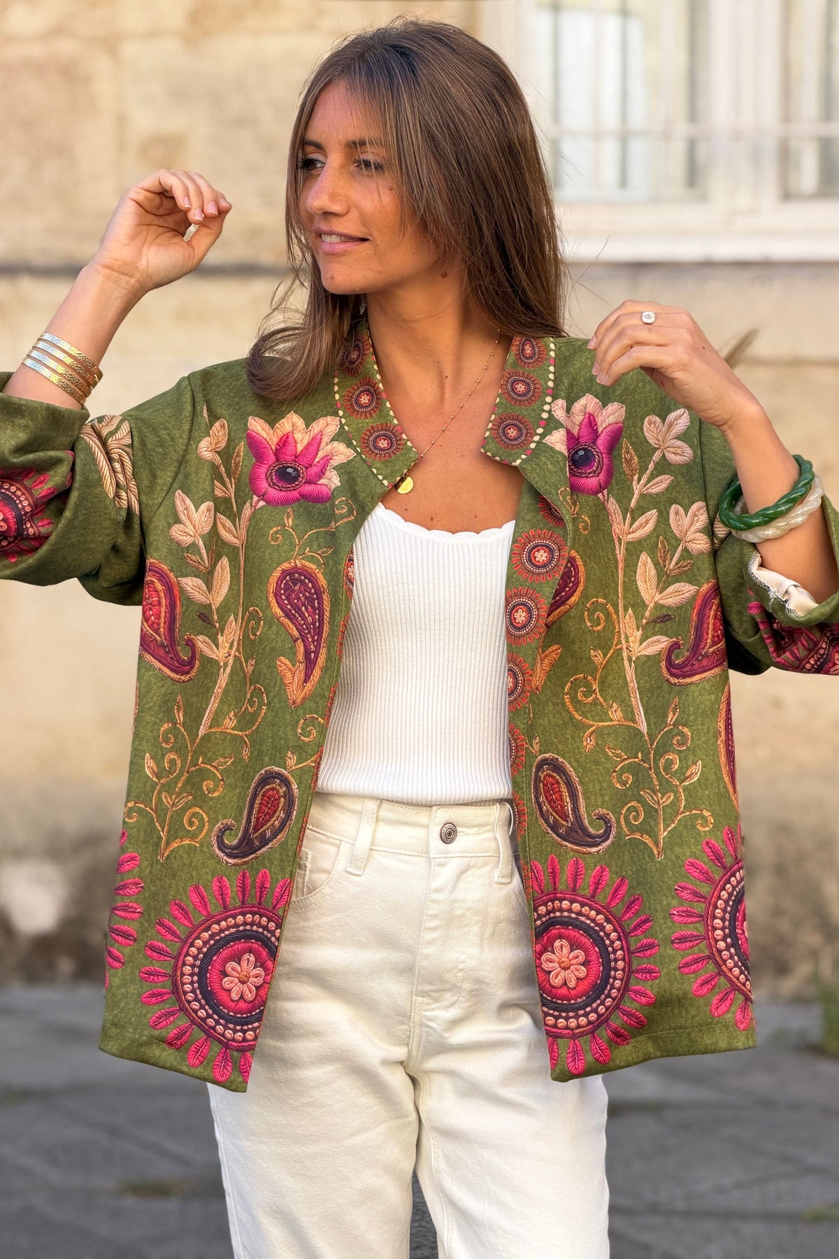 Olive Suedette Boho Print Jacket