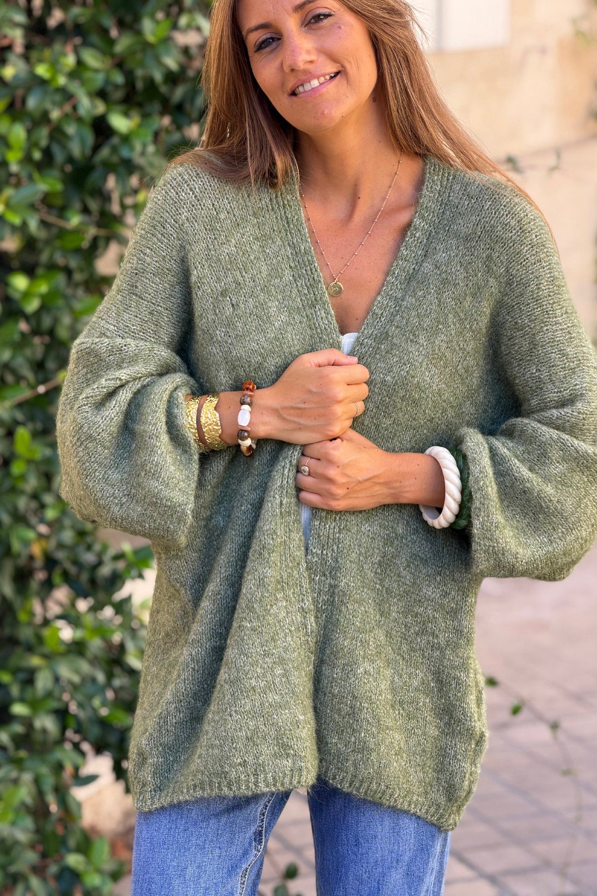 Olive Wool Blend Bell Sleeve Knit Cardigan