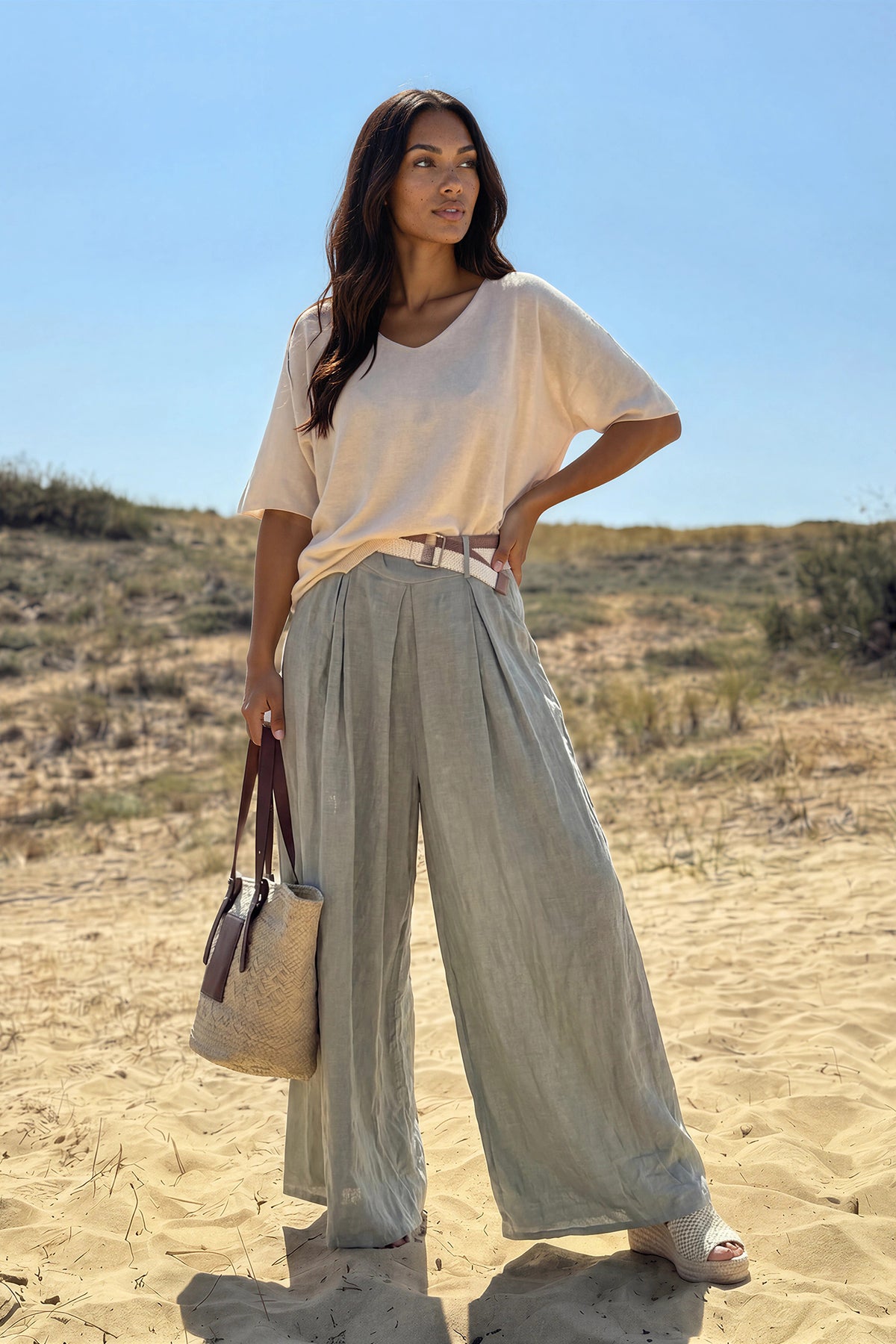 Olive Gauze Belted Ultra Wide-Leg Pants