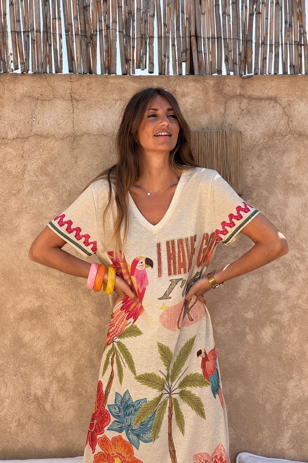 Olive Tropical Parrot Print Glitter Knit Caftan