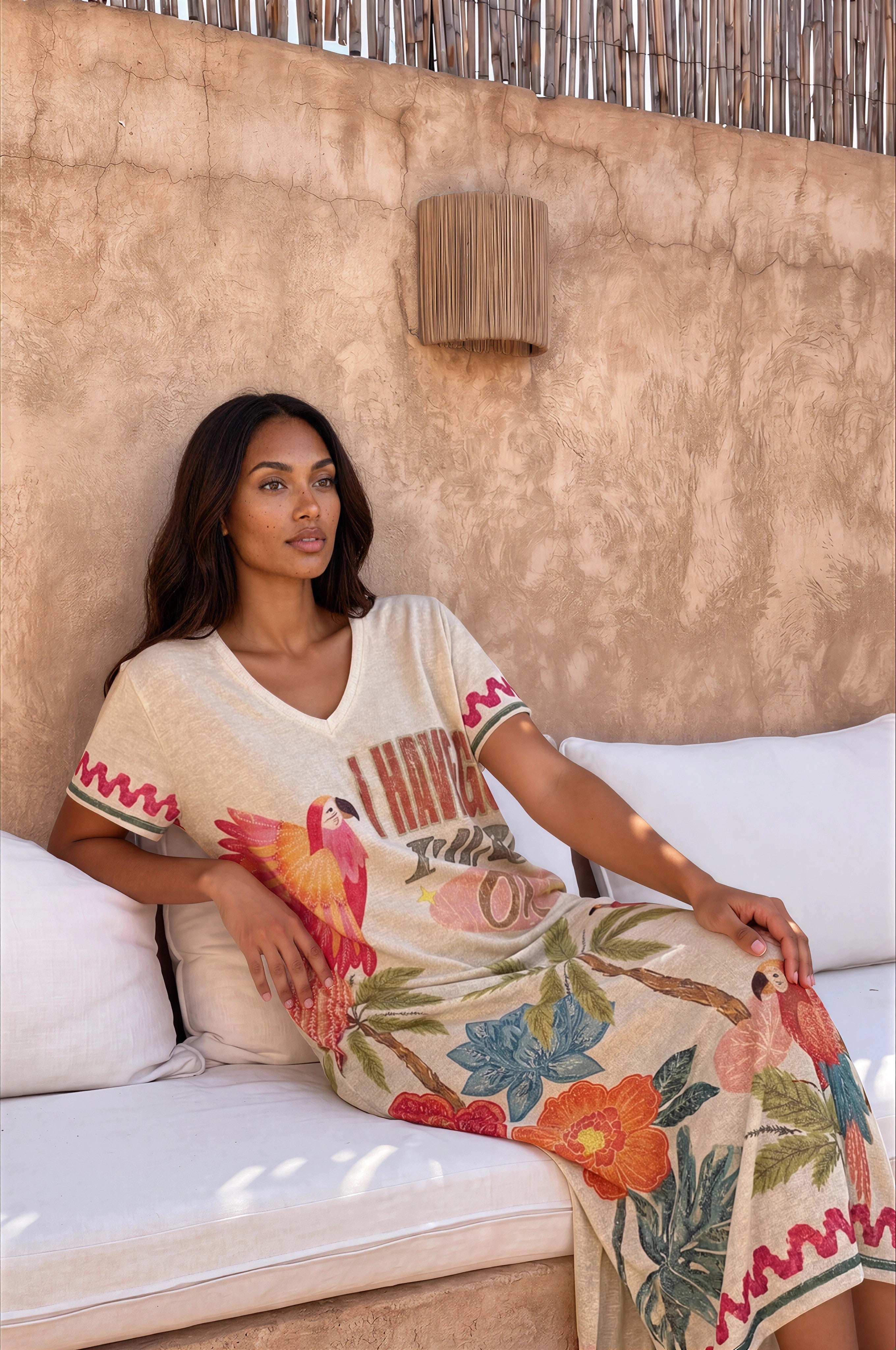 Olive Tropical Parrot Print Glitter Knit Caftan