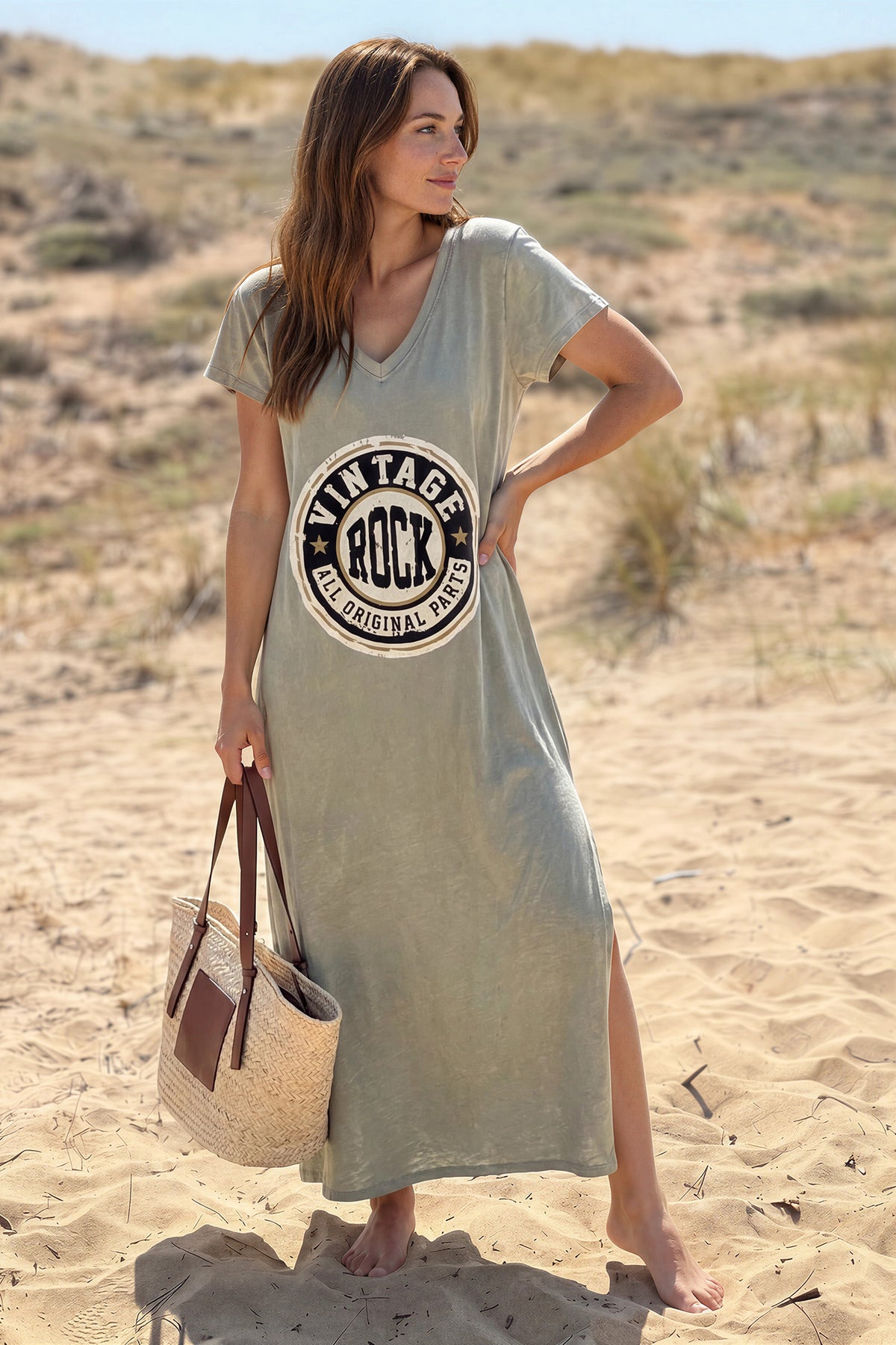 Olive Vintage Rock V-Neck T-Shirt Dress