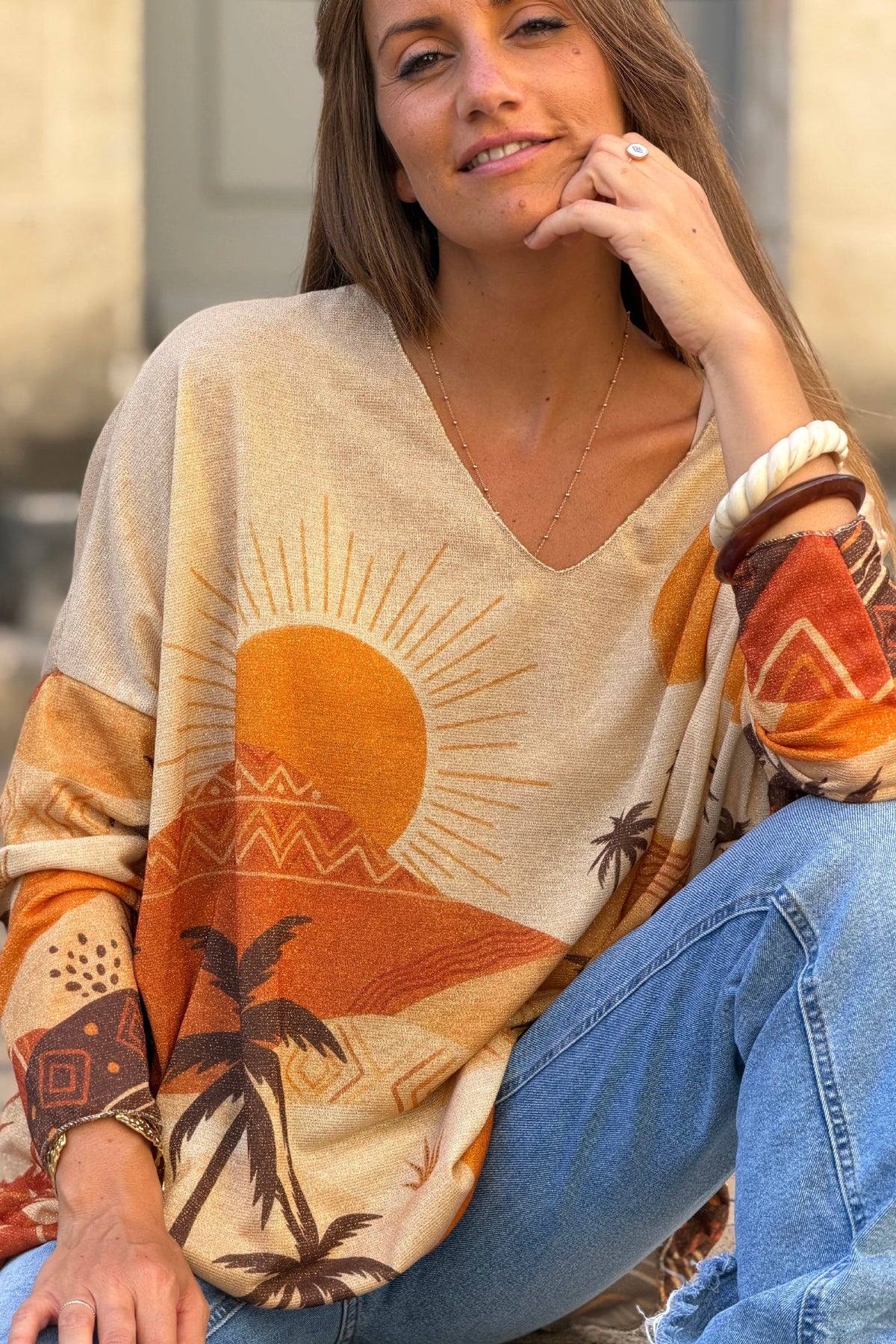 Orange Saharan Sunset Glitter Knit Blouse