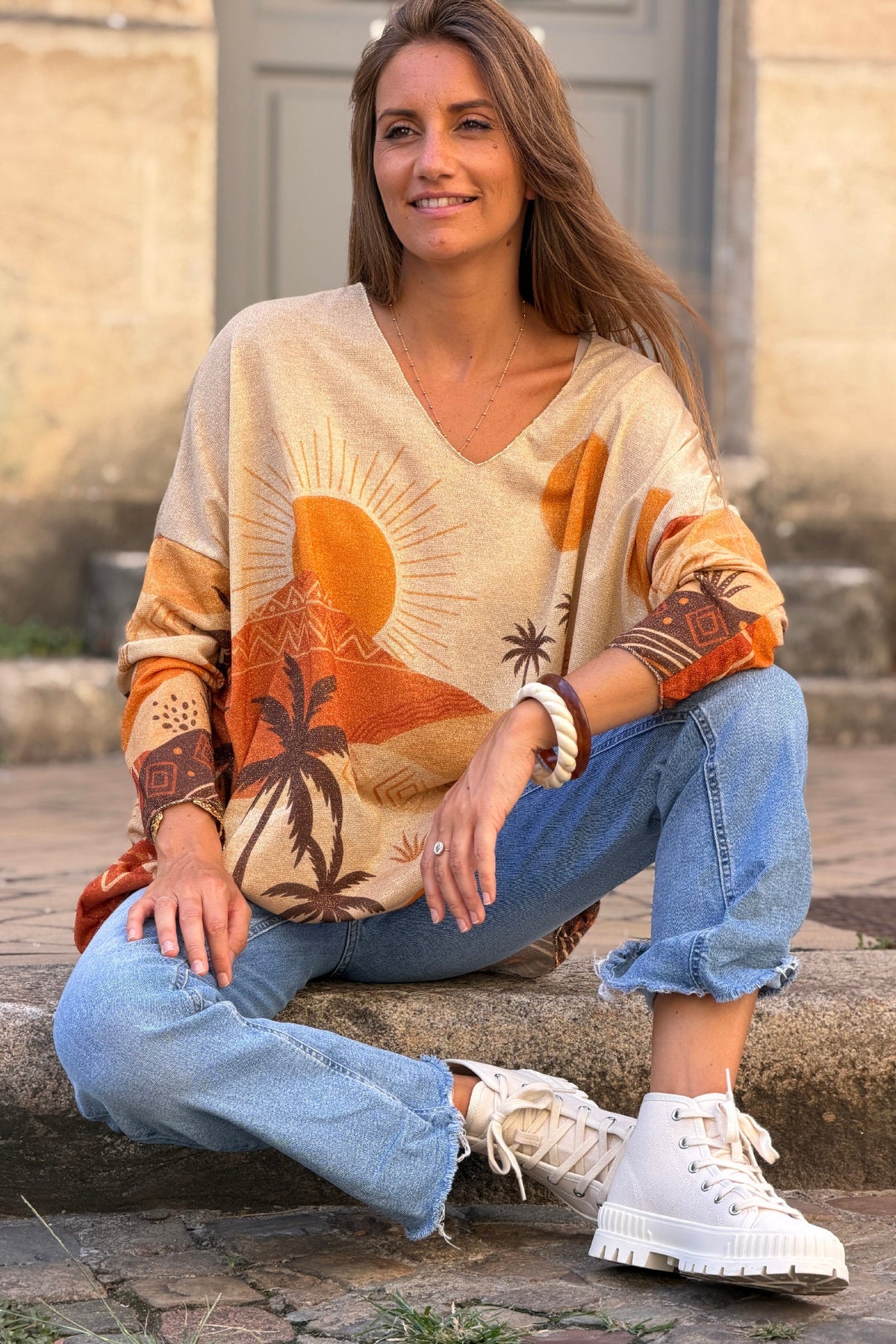Orange Saharan Sunset Glitter Knit Blouse