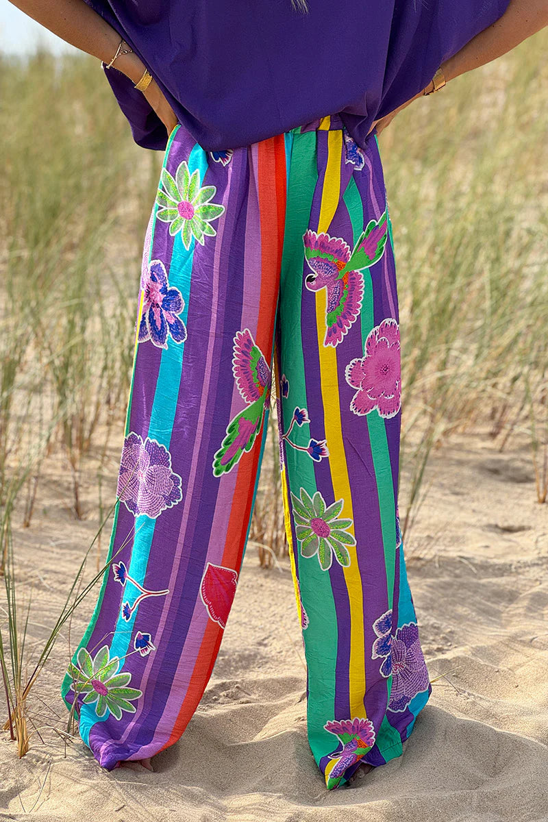 Green Floral Stripe Boho Art Pull-On Pants
