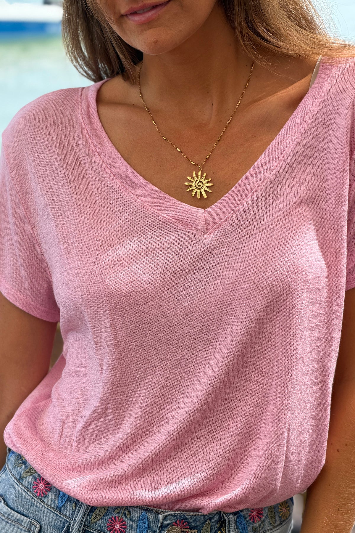 Pink Heathered Viscose Knit V-Neck Top