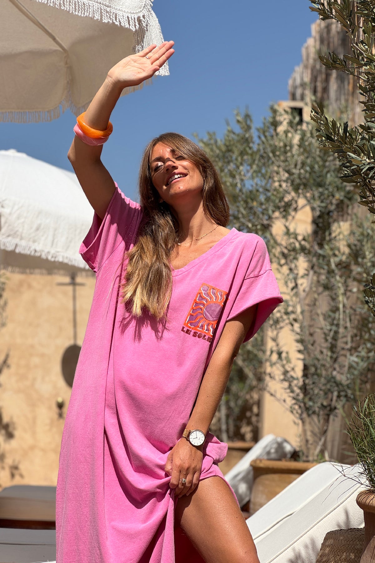 Pink Le Soleil V-Neck T-Shirt Dress