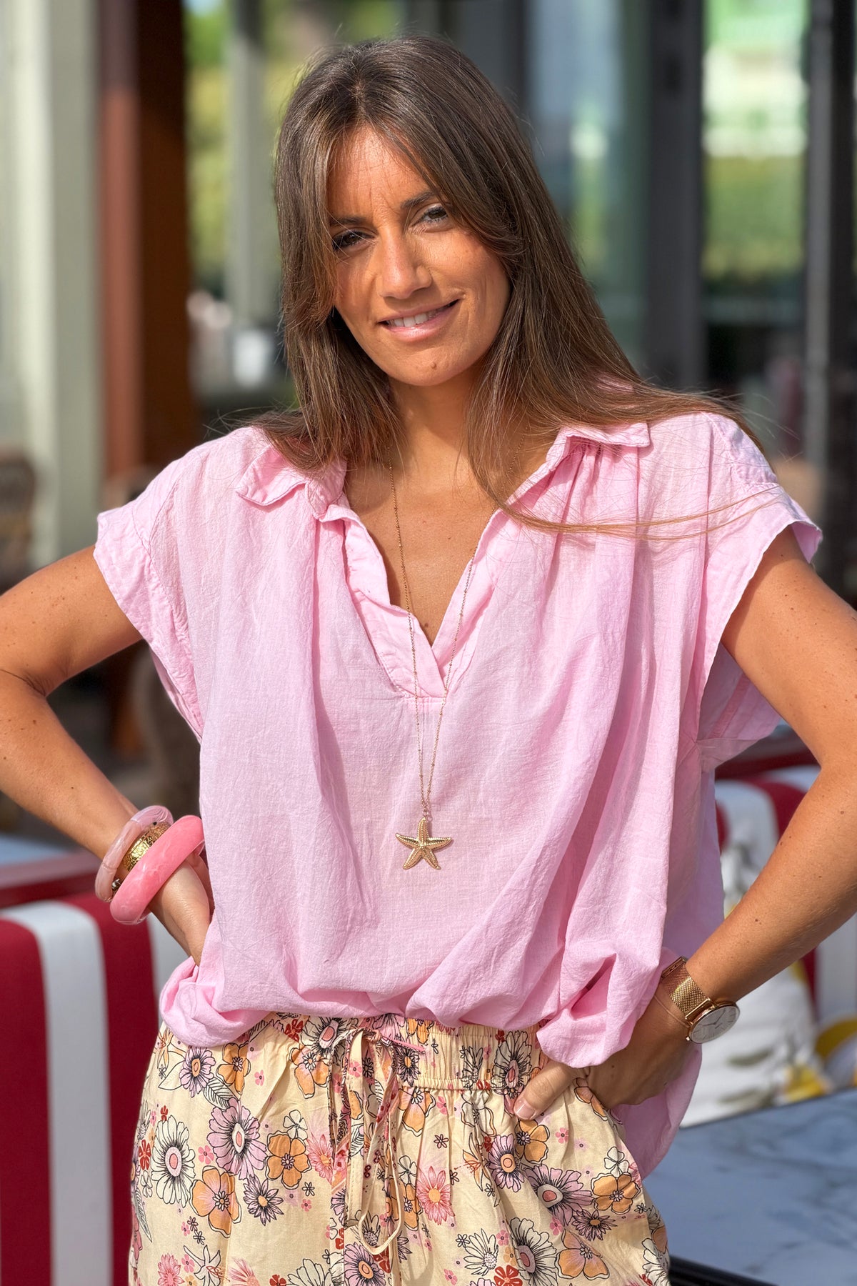 Pink Lightweight Woven Collared Blouse