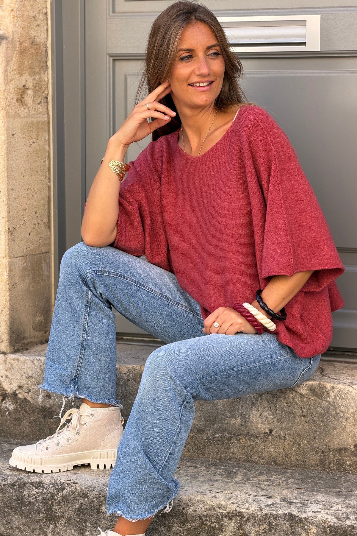 Pink Merlot Knit Batwing Blouse