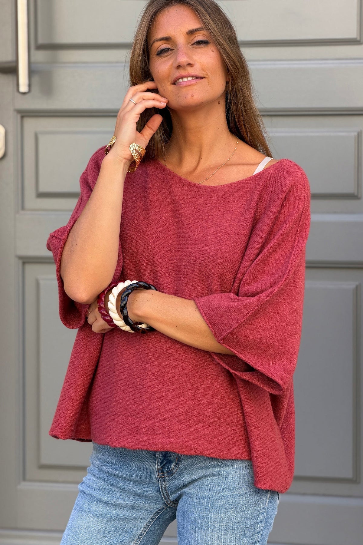 Pink Merlot Knit Batwing Blouse
