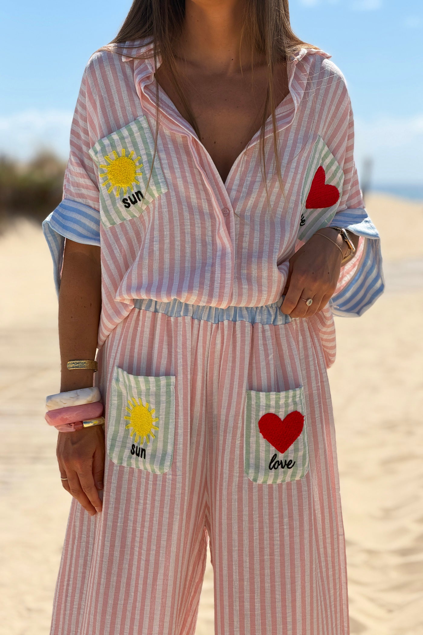 Pink Pastel Pinstripe Embroidered Pocket Pants