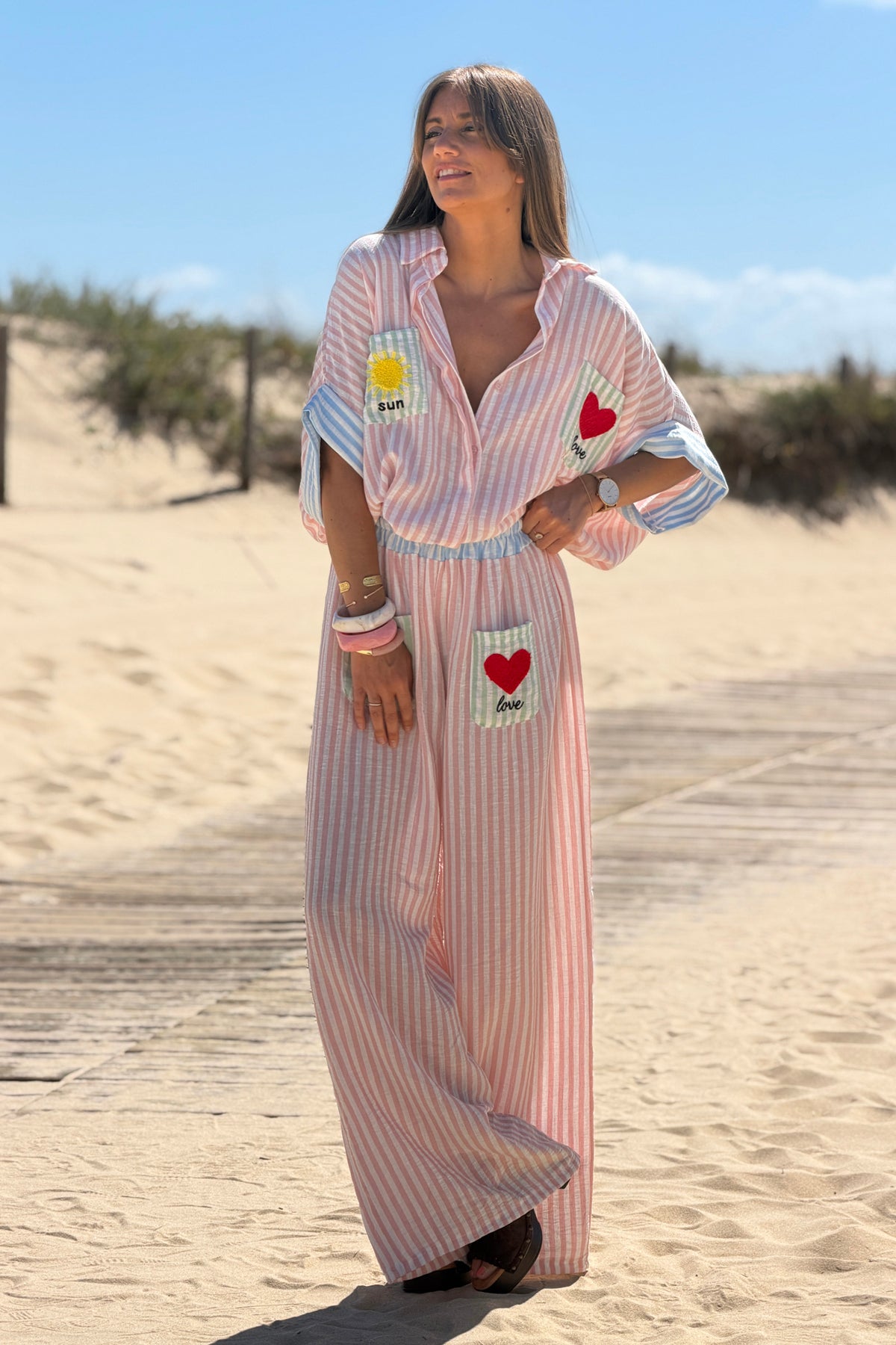 Pink Pastel Pinstripe Embroidered Pocket Pants