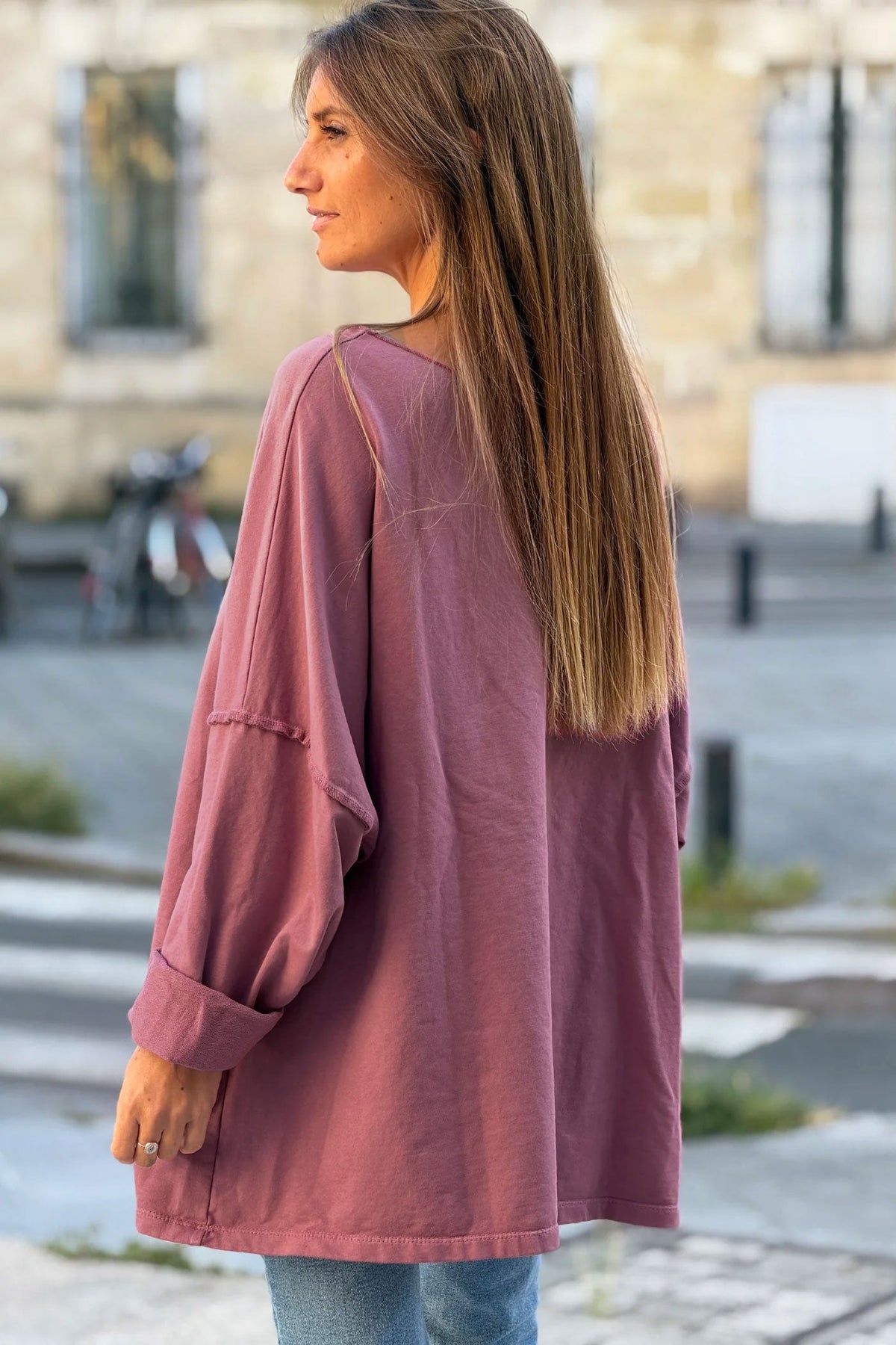 Pink Stretch Knit Long-Sleeve Slouchy Tshirt