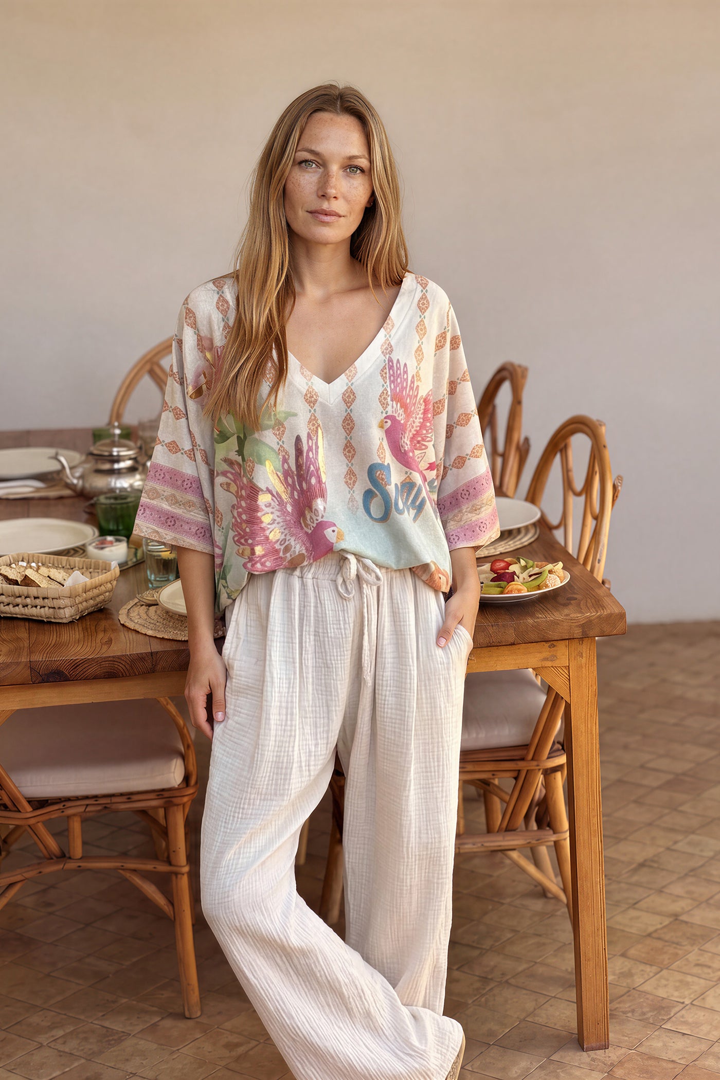 Pink Birds of Paradise Glitter Knit V-Neck Blouse