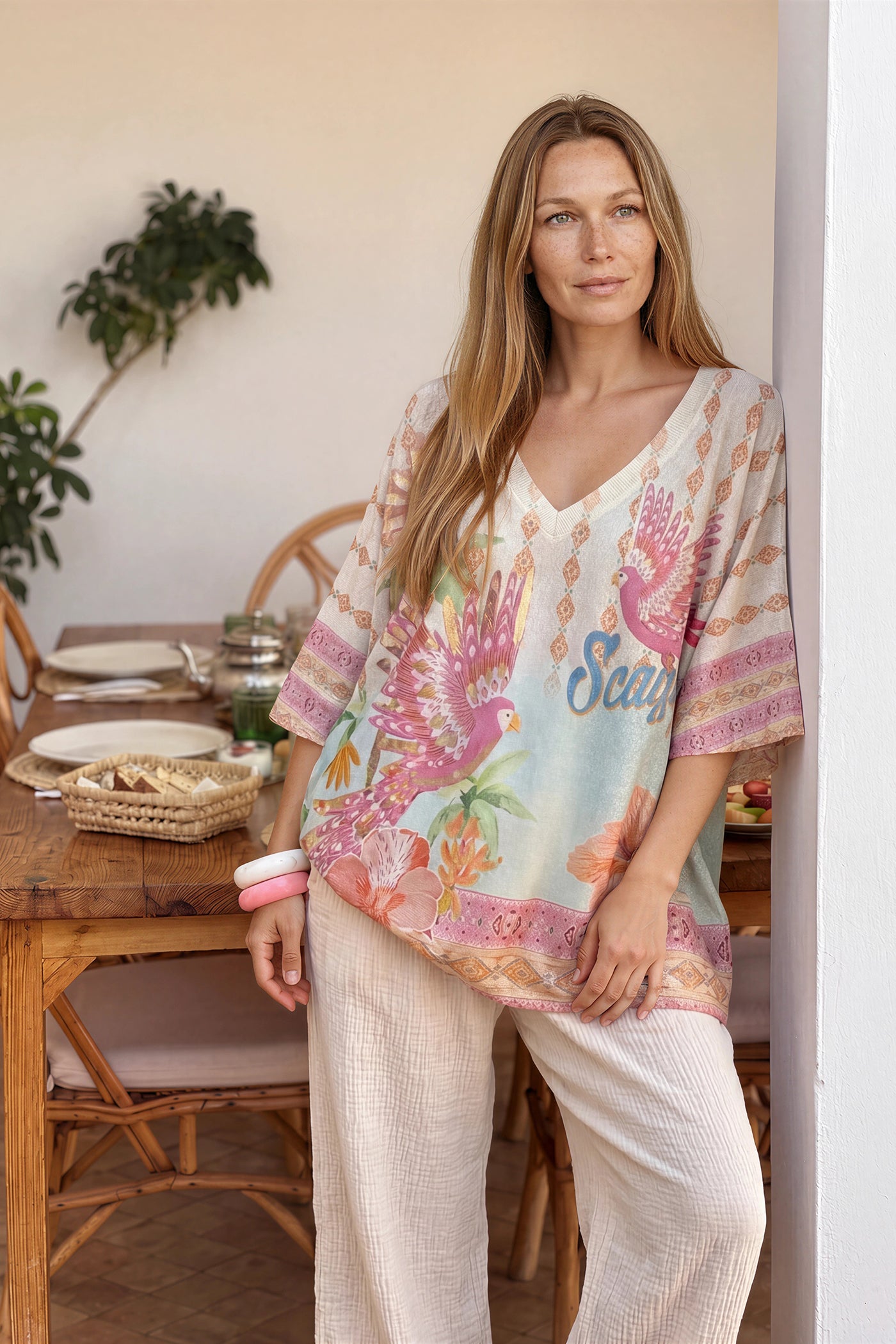 Pink Birds of Paradise Glitter Knit V-Neck Blouse