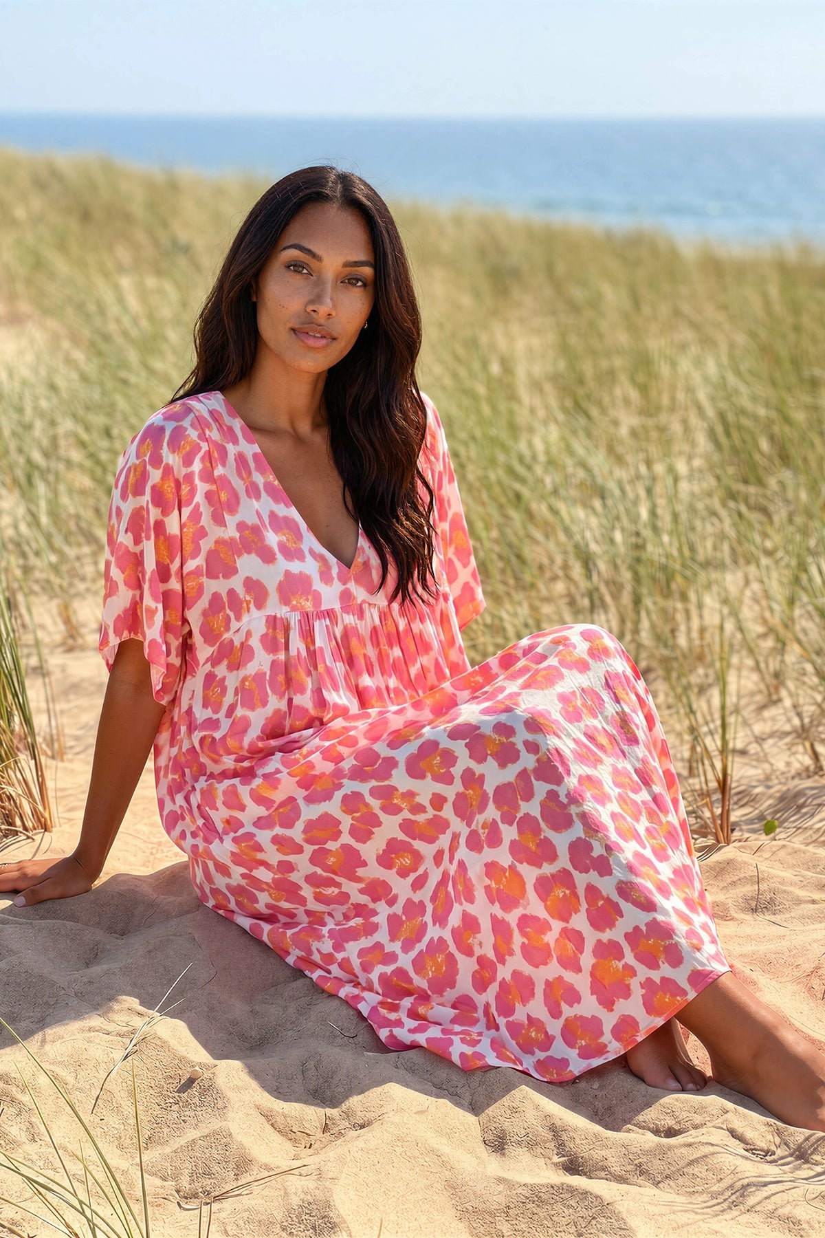 Pink Leopard Print V-Neck Caftan