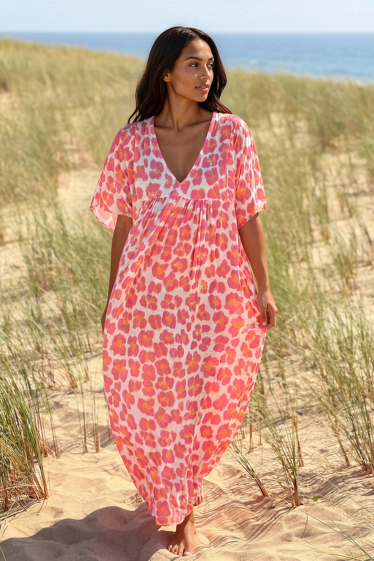 Pink Leopard Print V-Neck Caftan
