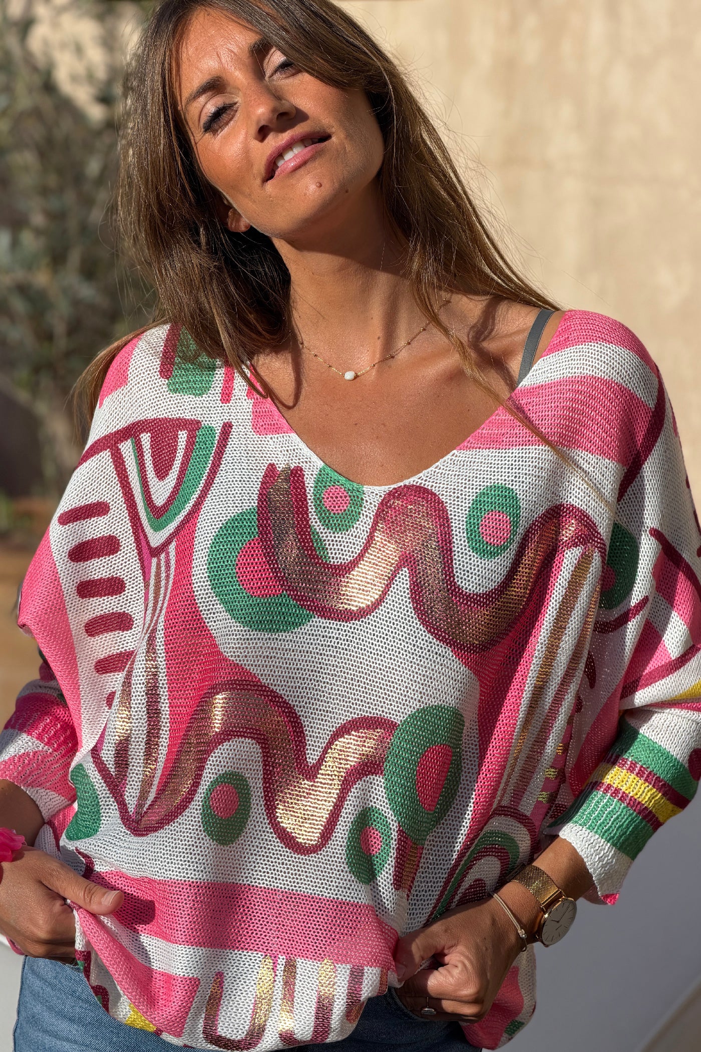 Pink Modern Art Knit Blouse