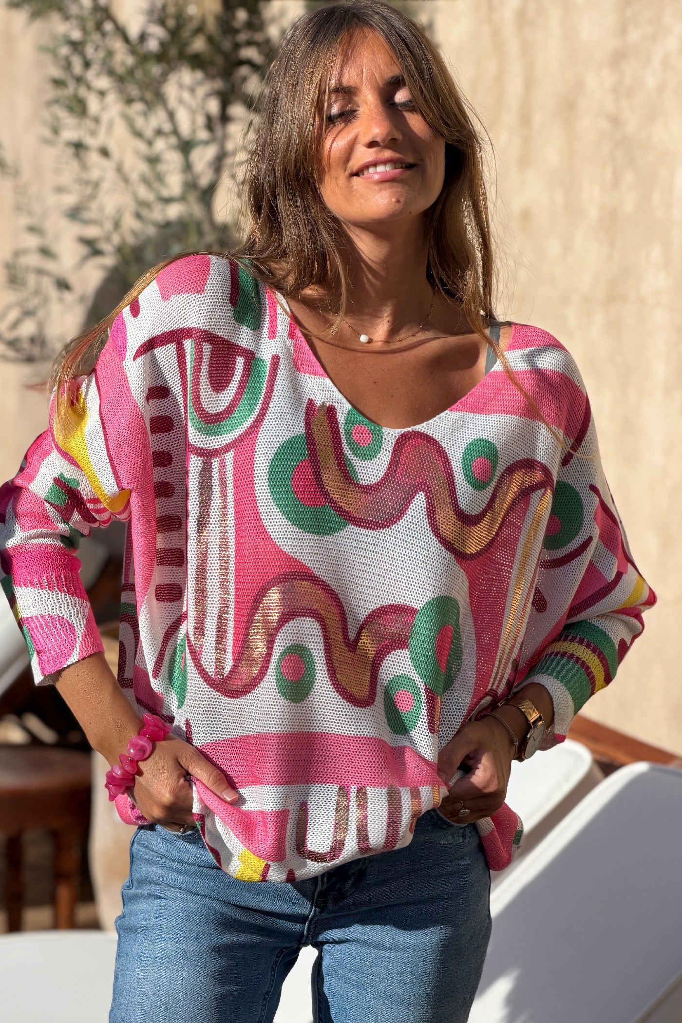 Pink Modern Art Knit Blouse