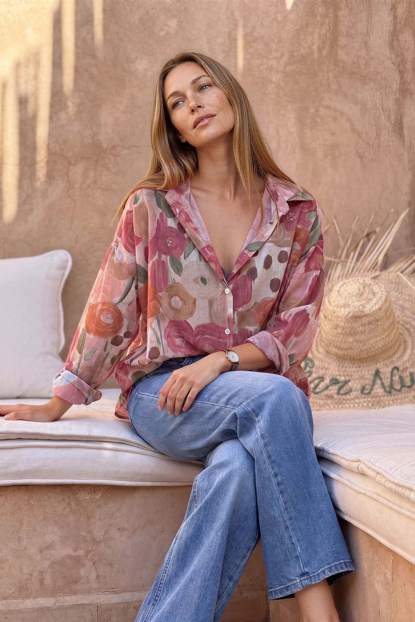 Pink Spring Floral Cotton Button-Down Blouse