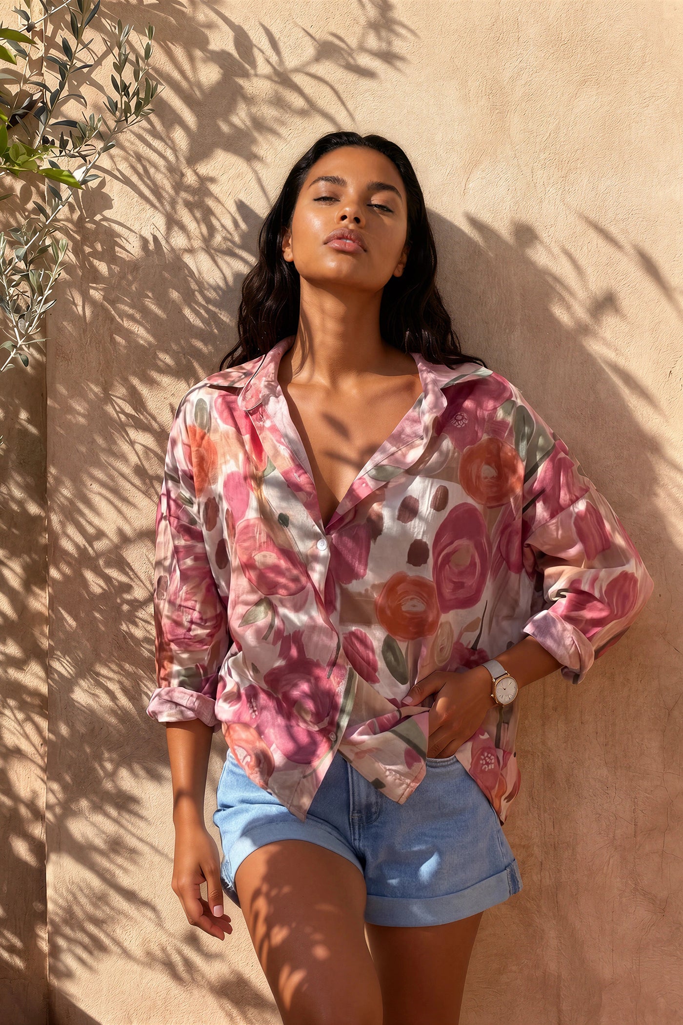 Pink Spring Floral Cotton Button-Down Blouse