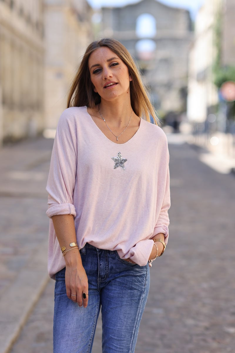 Powder Pink V-neck Small Star Sequin Sweater