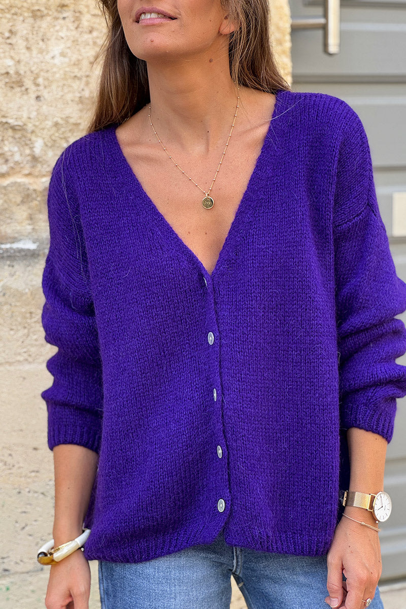 Purple Mother of Pearl Button through V-Neck Cardigan